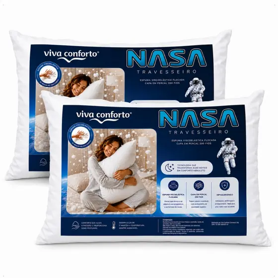 Kit 2 Travesseiro Nasa Flocos de Visco Capa 200 Fios 100% algodão Repelente a líquidos Viva Conforto