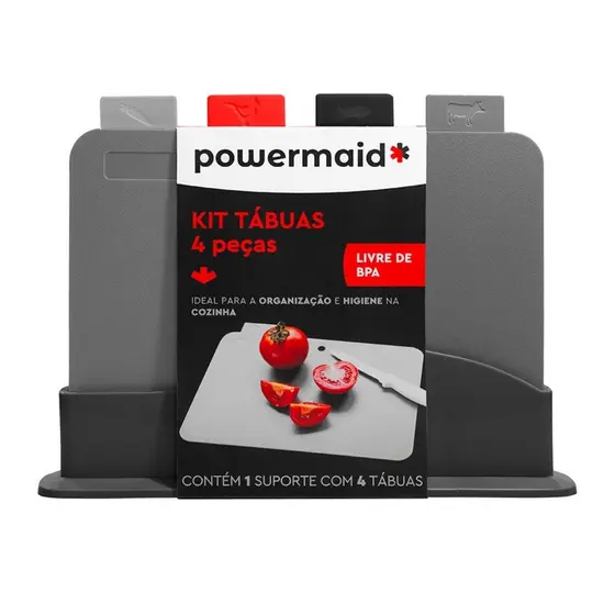 kit 4 Tábuas de Corte com Suporte Powermaid Jogo cores Carne Frango Verdura Peixe Higiênico Cozinha