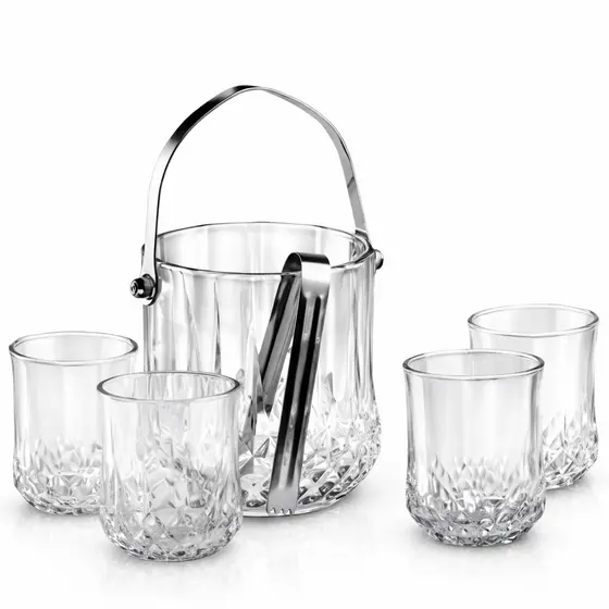 Kit Balde de Gelo de Vidro + 4 Copos Whisky Bar Luxo Conjunto 5 Peças Com Alça e Pegador
