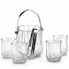 Kit Balde de Gelo de Vidro + 4 Copos Whisky Bar Luxo Conjunto 5 Peças Com Alça e Pegador