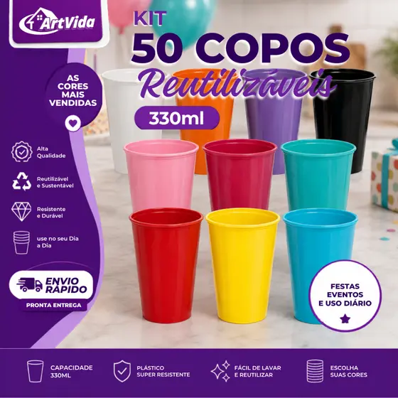​KIT Copos Plásticos 330ml Altos Long Neck Reutilizável Personalize Festas Eventos - ArtVida