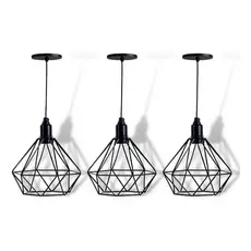 Kit 3 Pendente Diamante Piramide Industrial Preto Vintage Retro Cabo Regulavel