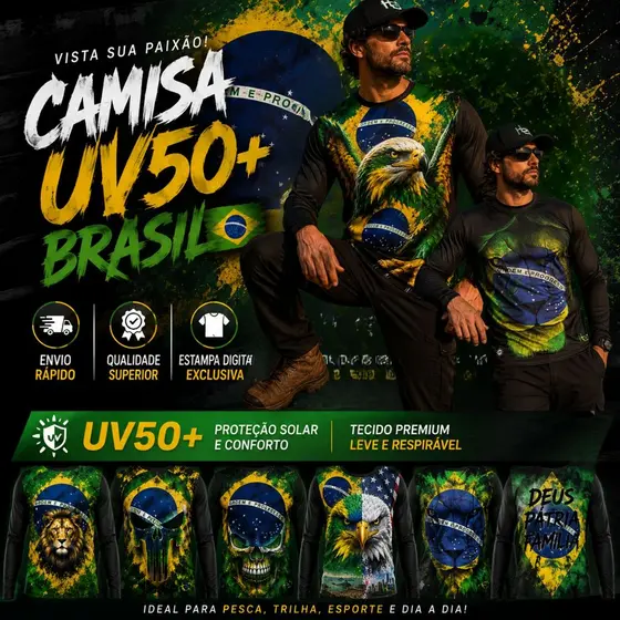 Camiseta Manga Longa UV50+ Masculina Proteção Solar Dry Fit Estampa Exclusiva Brasil