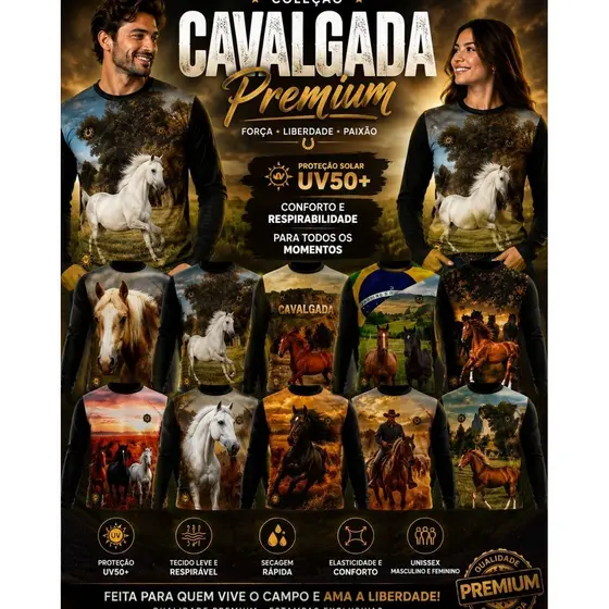 Camiseta UV Manga Longa Cavalgada Premium Country Unissex Proteção Solar jaqueta masculina Cavalos Rodeio Agro