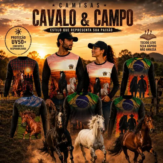 Camiseta Cavalgada Country Cavalo Manga Longa UV50+ blusa de frio masculina