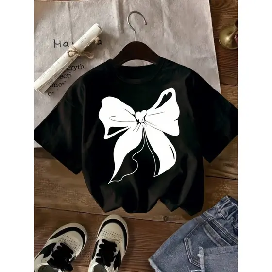 Camiseta Manga Curta Gola Redonda Estilo Oversized Casual Colorida Infantil Simples Ideal Para Meninas Estampa De Laço