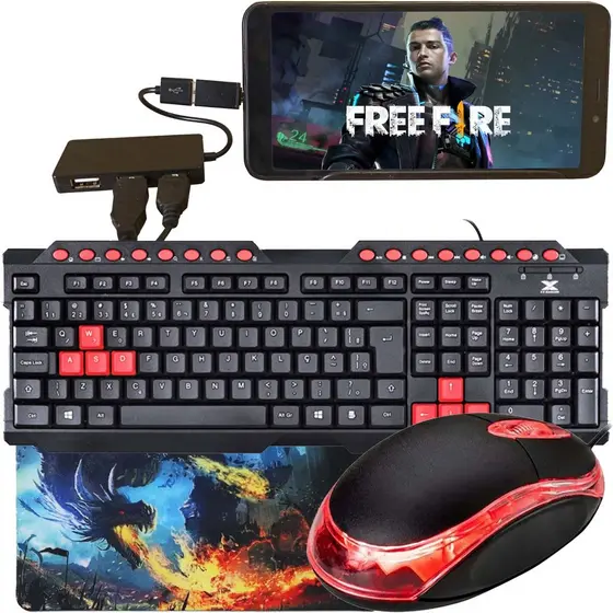 Kit Gamer Para Celular Com Teclado + Mouse Óptico 800 dpi + Pad Speed + Acessórios