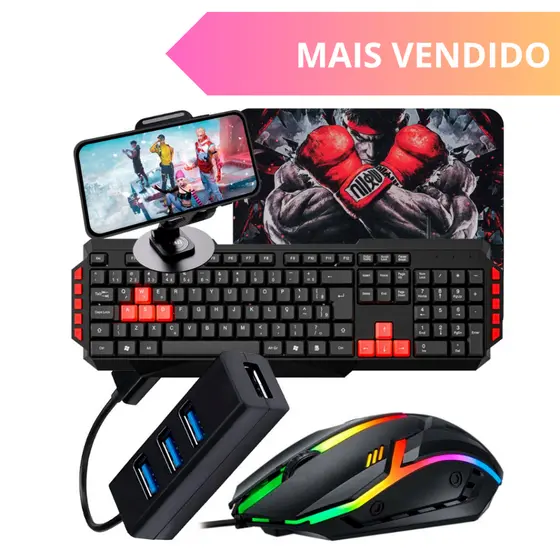 Kit Mobilador Gamer Completo com Teclado, Mouse RGB e Tripé | Tipo C ou V8