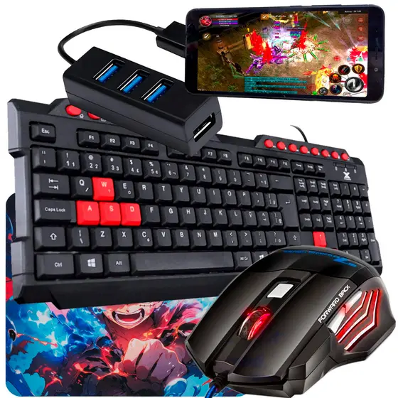 Kit Gamer Para Celular Com Teclado + Mouse X7 + Mouse Pad Fortrek Preto + Acessórios