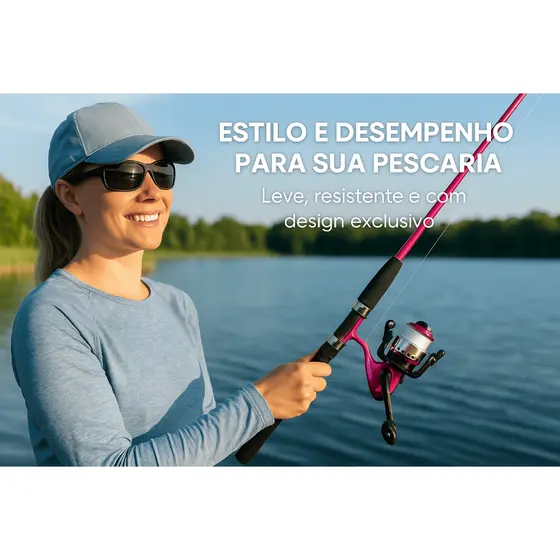 Kit de Pesca Rosa Completo | Vara 1,35m + Molinete + Linha | Pesqueiro e Lazer Feminino