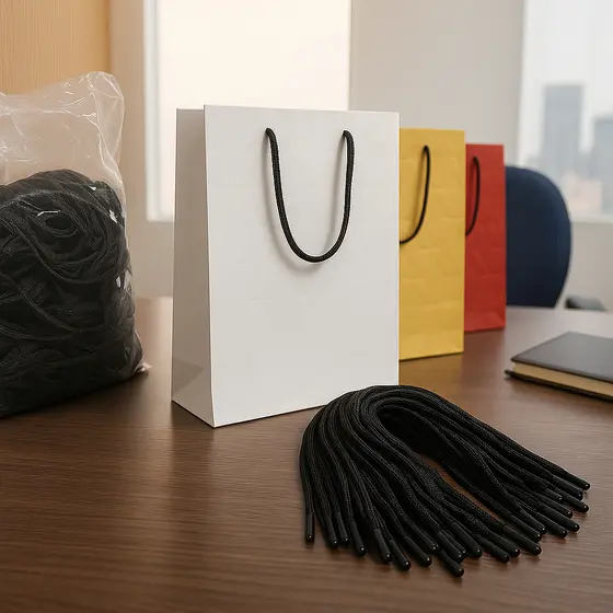Cordão Preto com Ponteira Preta 35cm Polipropileno Reforçado Alça de Sacola Kit 50un Embalagem Roupa