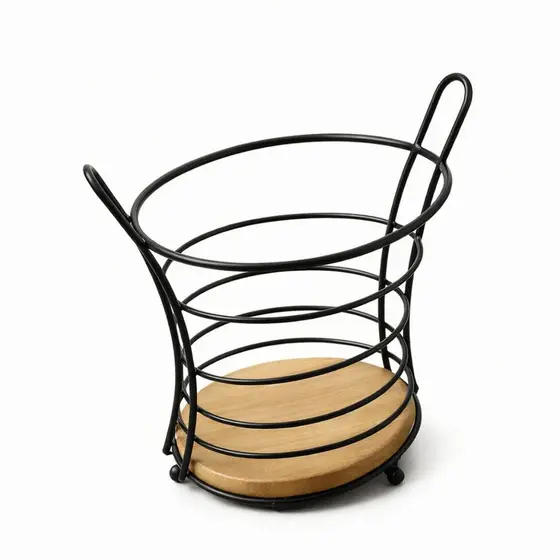 Porta Talheres Suporte Talheres Organizador Aço Preto 18,5cm Base Madeira Cozinha Mesa