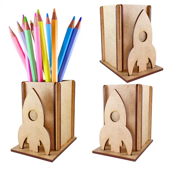 Kit 5 Centro de Mesa Foguete Porta Lápis Caneta Organizador Em Mdf Tema Astronauta Espaço