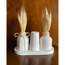 kit Vaso Decorativo Gesso 6 Itens Trio Vasos +Trigo Seco + Bandeja Decoração Minimalista Boho Sala Rack Mesa Escritórios