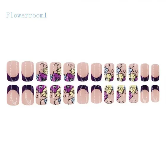 Flowerroom1 24x Ponta Francesa Acrílica Unha Imprensa Unhas Falsas Para Uso Diário