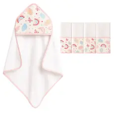 Toalha Capuz Estampada e Kit 4 Fraldinhas de Boca Fralda
