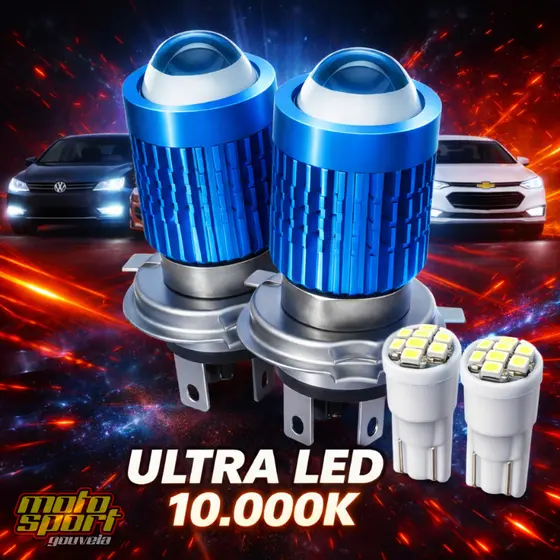 Par De Lâmpadas Farol Xenon Projetor Led H4 Stallion Super Branca Carro + 2 Leds Lanterna T-10 Equivalência 10.000 K