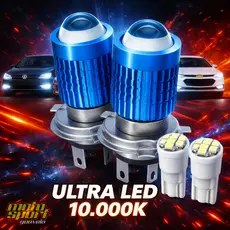 Par De Lâmpadas Farol Xenon Projetor Led H4 Stallion Super Branca Carro + 2 Leds Lanterna T-10 Equivalência 10.000 K