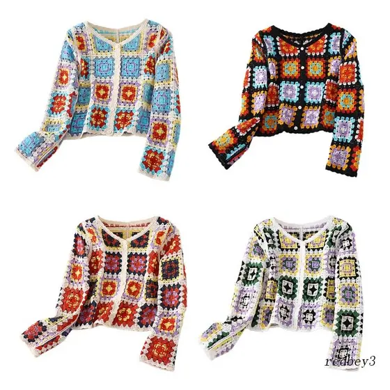 Botão Casual Feminino Vermelho Para Baixo Crochê Cortado Cardigan Longa Malha Étnica Oca Suéter Colorido Capa Jaqueta