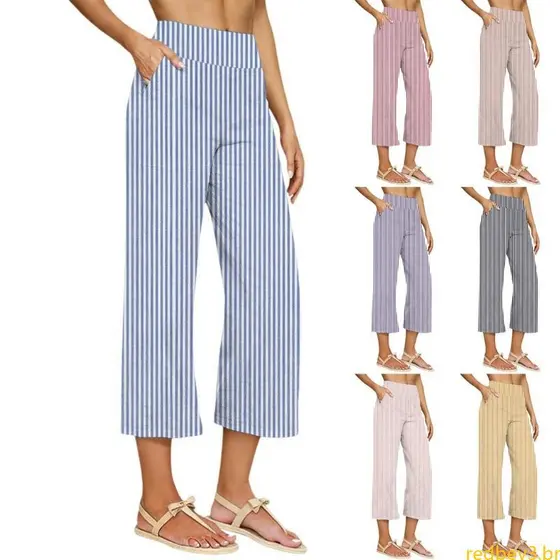 Calças Linho Vermelho Para Flowy Wide Leg Capris Pant Casual Cintura Elástica Praia