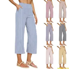 Calças Linho Vermelho Para Flowy Wide Leg Capris Pant Casual Cintura Elástica Praia