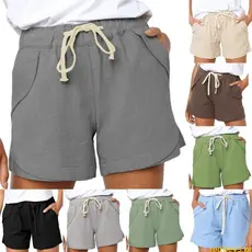 Shorts Femininos Vermelhos Cordão Casual Cintura Elástica Bolsos Soltos