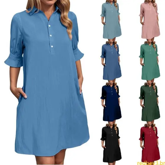 Vestido Camisa casual Feminino Vermelho Babados E Bolsos Saia Plana