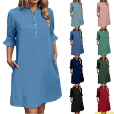Vestido Camisa casual Feminino Vermelho Babados E Bolsos Saia Plana
