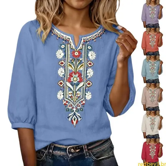Bordados Vermelhos Para Camisas Linho Decote V Roupas Camponesas