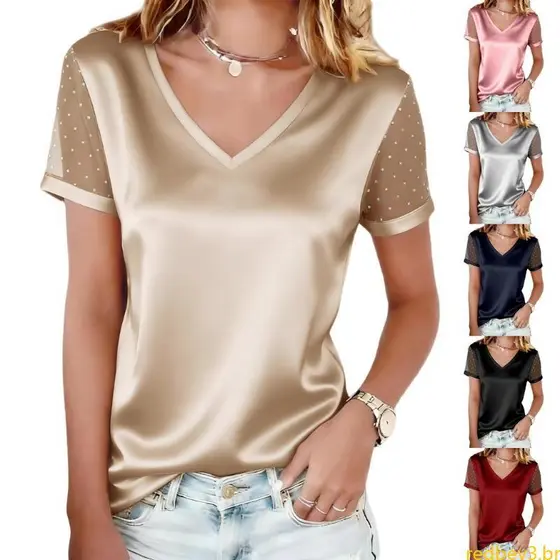 Blusas Femininas Vermelhas Decote V Malha Curta Básicas Casuais