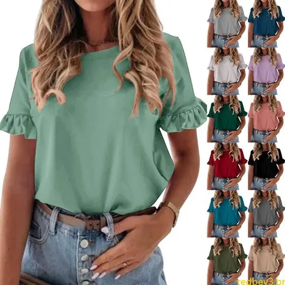 Camiseta Feminina Vermelha Curta Babados E Redonda