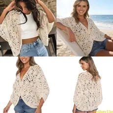 Suéter Malha Crochê Vazado Decote V Vermelho, Camisa Botão Cobertura Verão