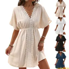 Maiô Vermelho Cover Ups Feminino Decote V Babado Vestido Cobertura Macia