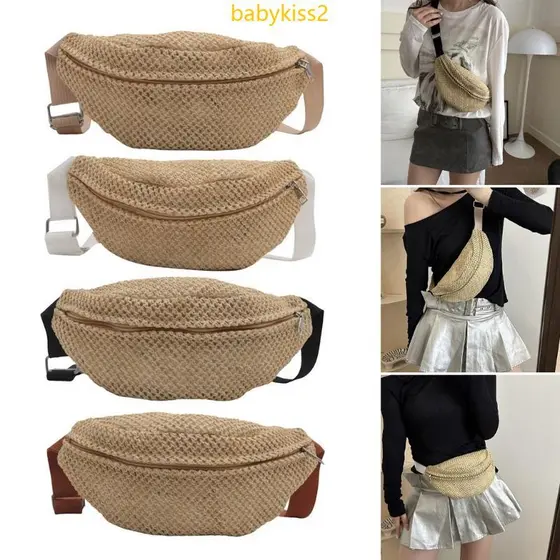 Casual Boêmio Tecido Palha Cintura Saco Para Homens Crossbody Peito Zíper Pack Telefone Cartei