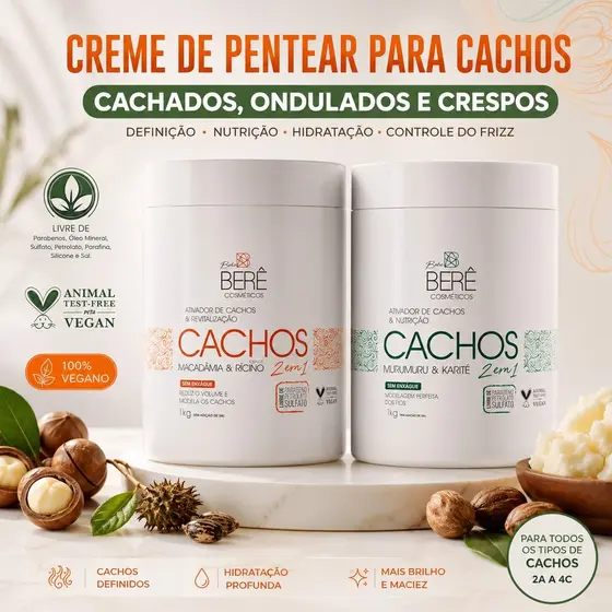 Kit 2 Creme de Pentear Cachos 1Kg Ativador de Cachos Profissional Definição Anti Frizz Hidratação e Brilho