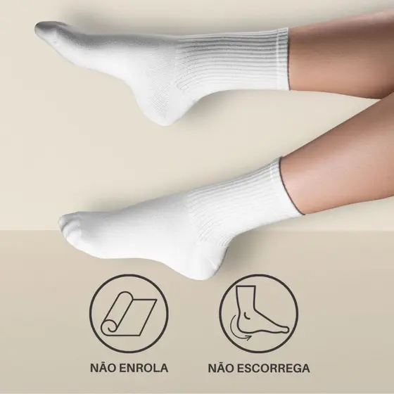 Kit 6 Pares Meia Branca Cano Alto Lisa Feminina