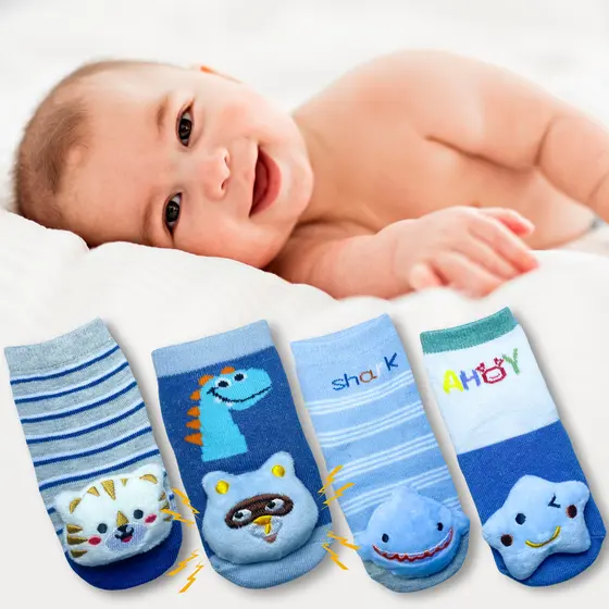 Kit 4 Pares Meia Bebê Menino Antiderrapante Pelúcia 0 a 2 anos