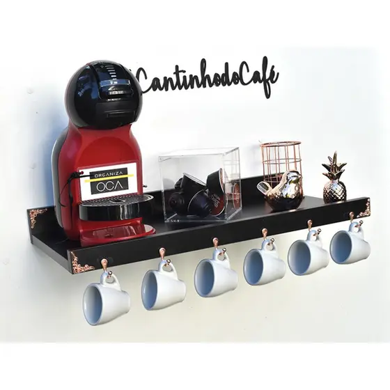 Prateleira mdf preto para cantinho do café  (ganchos rosegold) 60x30