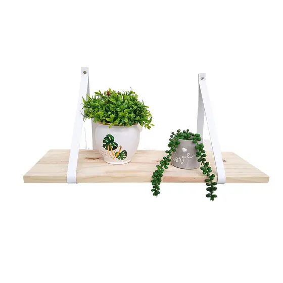 Prateleira madeira pinus eco ecologico para decoração organização couro legitimo para sala quarto home office escritorio 40x20