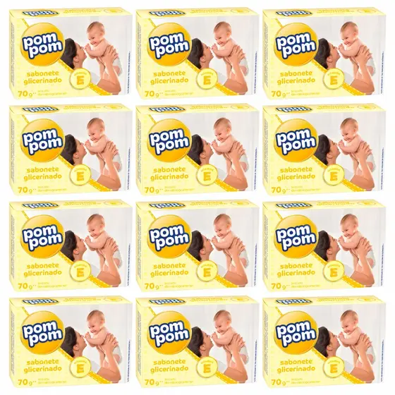 Kit 12 Sabonete Barra Infantil Pom Pom Glicerinado 70g