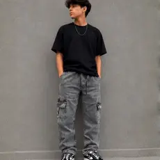 Calça Cargo jeans Infantil Juvenil Skatista Jeans Preta Marmorizada Unissex Menino menina do 4 ao 16