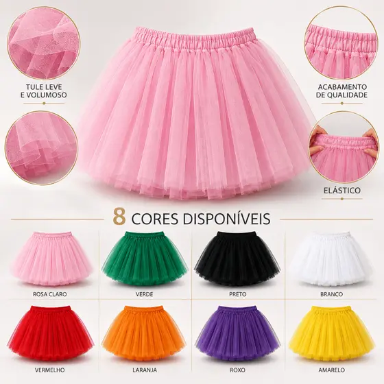 Saia Tule Infantil 30cm Elástica Fantasia Festa Carnaval Colorida