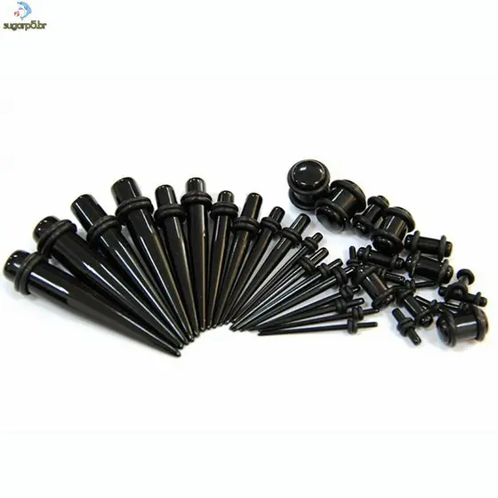 Kit 18 Peças Cones De Orelha Alargador De Acrílico Brinco Maca (Preto)