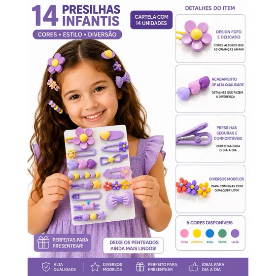 Kit com 14 Presilhas Tic Tac Infantil Coloridos Rosa Pink Menina infantil