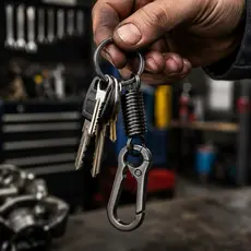 Chaveiro com Mola e Mosquetão Moto Camping Pesca Cinza Chumbo Metal Carro Resistente Presente