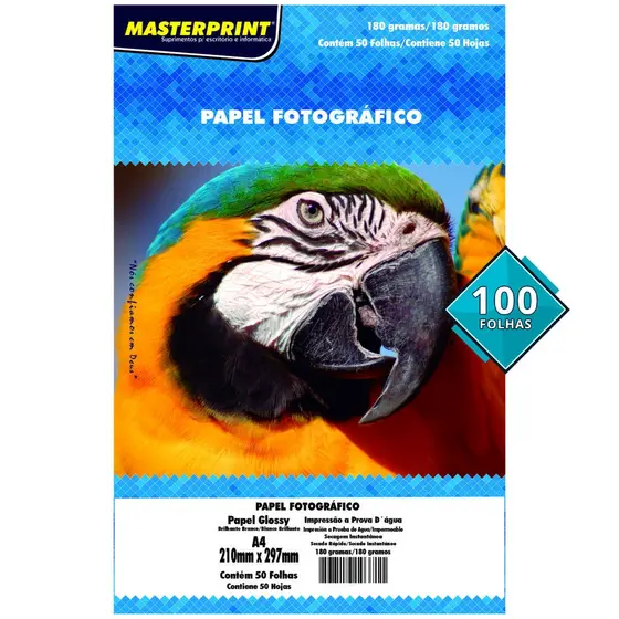 Papel Fotográfico 180g A4 Glossy Branco Brilhante Masterprint com 100 Folhas