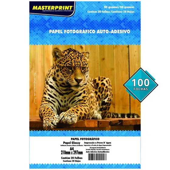 Papel Glossy Adesivo 80g A4 Fotográfico Branco Brilhante Masterprint com 100 folhas