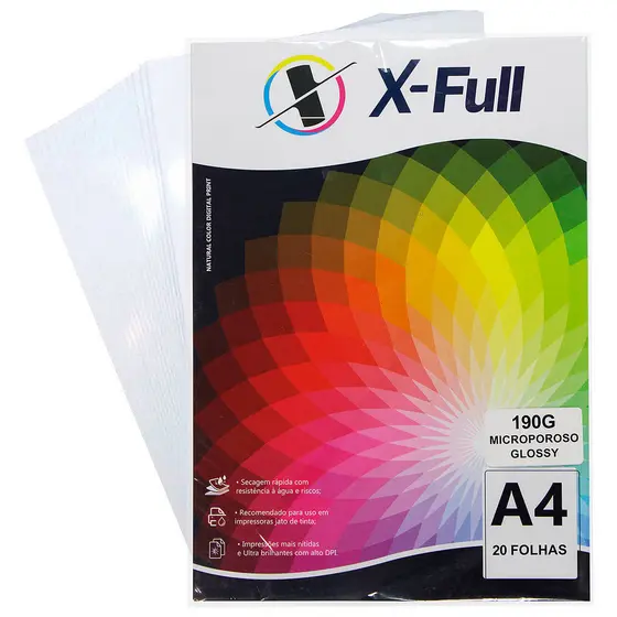 Papel Microporoso Glossy 190g A4 Fotográfico Branco Brilhante X-Full com 20 Folhas