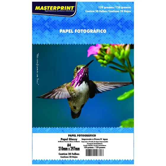 Papel Glossy 120g A4 Fotográfico Branco Brilhante Masterprint com 20 Folhas