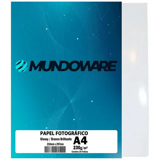 Papel Glossy Fotográfico 230g A4 Branco Brilhante com 20 Folhas Mundoware